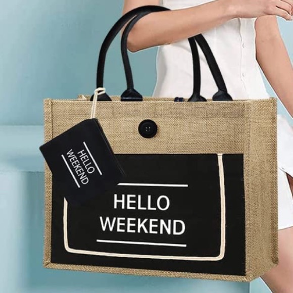 BRAND NEW LARGE STYLISH BURLAP BEACH BAG NWT - Picture 2 of 8